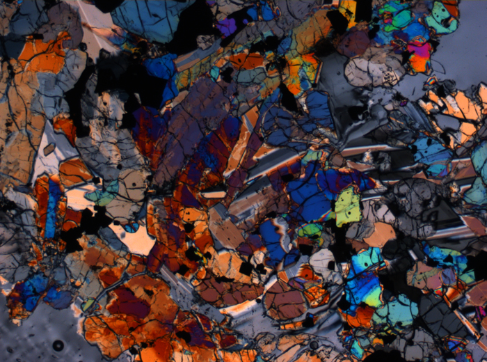 Thin Section Photograph of Apollo 12 Sample 12016,14 in Cross-Polarized Light at 2.5x Magnification and 2.85 mm Field of View (View #2)