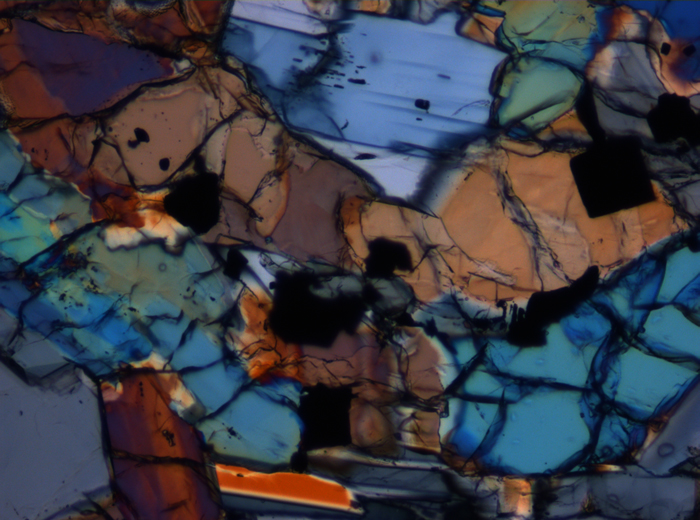Thin Section Photograph of Apollo 12 Sample 12016,14 in Cross-Polarized Light at 10x Magnification and 0.7 mm Field of View (View #3)