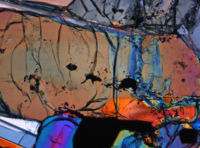 Thin Section Photograph of Apollo 12 Sample 12016,14 in Cross-Polarized Light at 10x Magnification and 0.7 mm Field of View (View #4)