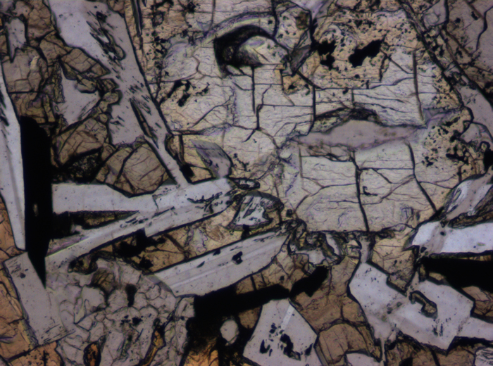 Thin Section Photograph of Apollo 12 Sample 12017,22 in Plane-Polarized Light at 10x Magnification and 0.7 mm Field of View (View #5)