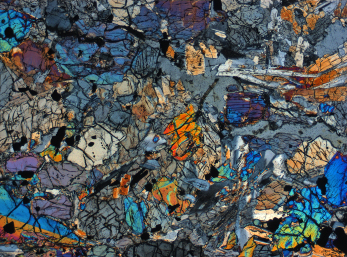 Thin Section Photograph of Apollo 12 Sample 12018,6 in Cross-Polarized Light at 2.5x Magnification and 2.85 mm Field of View (View #1)