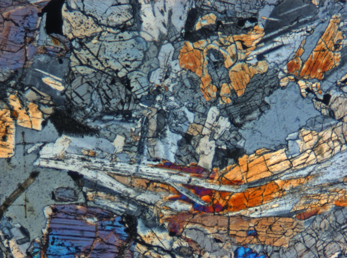 Thin Section Photograph of Apollo 12 Sample 12018,6 in Cross-Polarized Light at 5x Magnification and 1.4 mm Field of View (View #5)