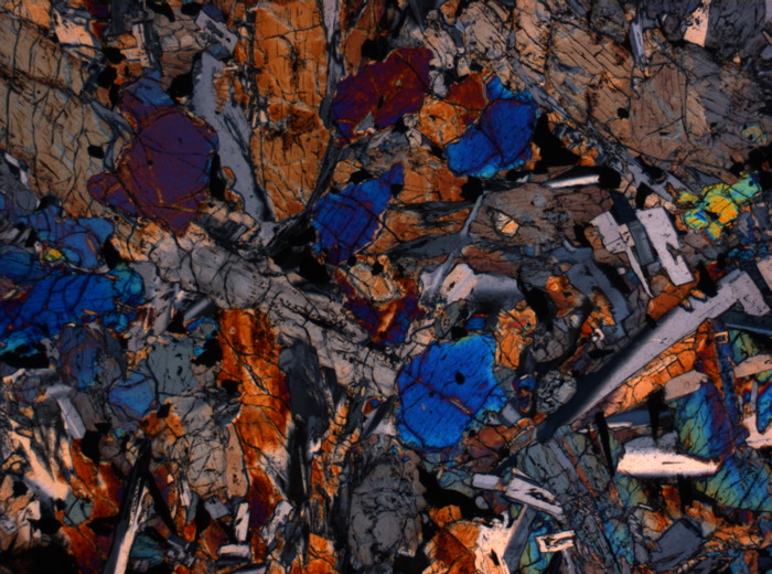 Thin Section Photograph of Apollo 12 Sample 12020,8 in Cross-Polarized Light at 2.5x Magnification and 2.85 mm Field of View (View #1)