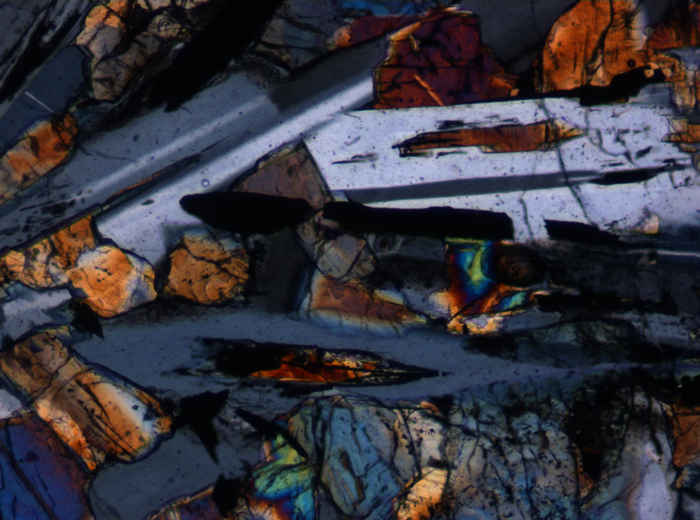 Thin Section Photograph of Apollo 12 Sample 12020,8 in Cross-Polarized Light at 10x Magnification and 0.7 mm Field of View (View #6)