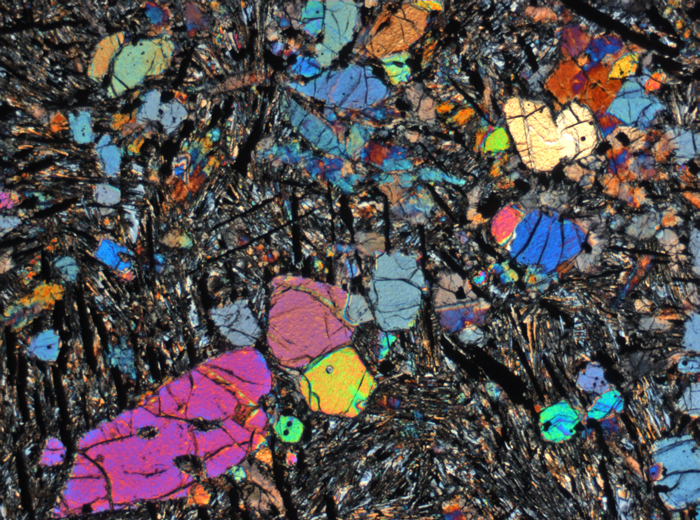 Thin Section Photograph of Apollo 12 Sample 12022,110 in Cross-Polarized Light at 2.5x Magnification and 2.85 mm Field of View (View #1)