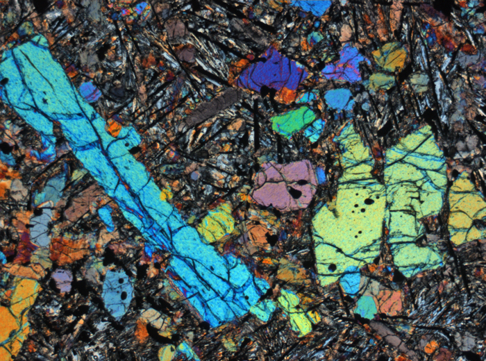 Thin Section Photograph of Apollo 12 Sample 12022,110 in Cross-Polarized Light at 2.5x Magnification and 2.85 mm Field of View (View #2)