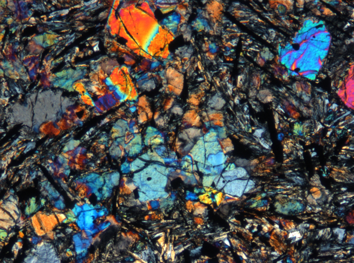 Thin Section Photograph of Apollo 12 Sample 12022,110 in Cross-Polarized Light at 5x Magnification and 1.4 mm Field of View (View #4)