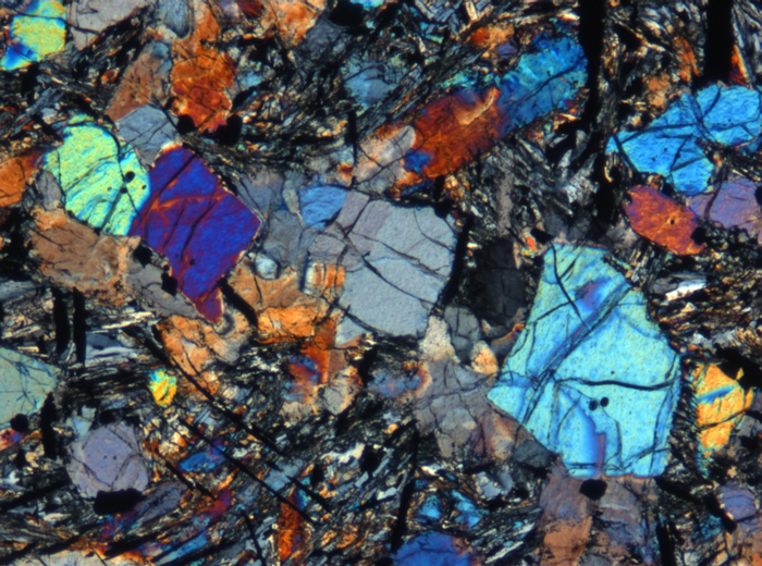 Thin Section Photograph of Apollo 12 Sample 12022,110 in Cross-Polarized Light at 5x Magnification and 1.4 mm Field of View (View #5)