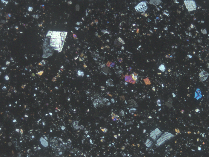 Thin Section Photograph of Apollo 12 Sample 12034,32 in Cross-Polarized Light at 5x Magnification and 2.3 mm Field of View (View #1)