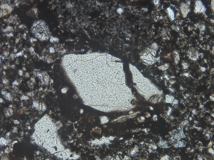 Thin Section Photograph of Apollo 12 Sample 12034,32 in Plane-Polarized Light at 10x Magnification and 1.15 mm Field of View (View #5)