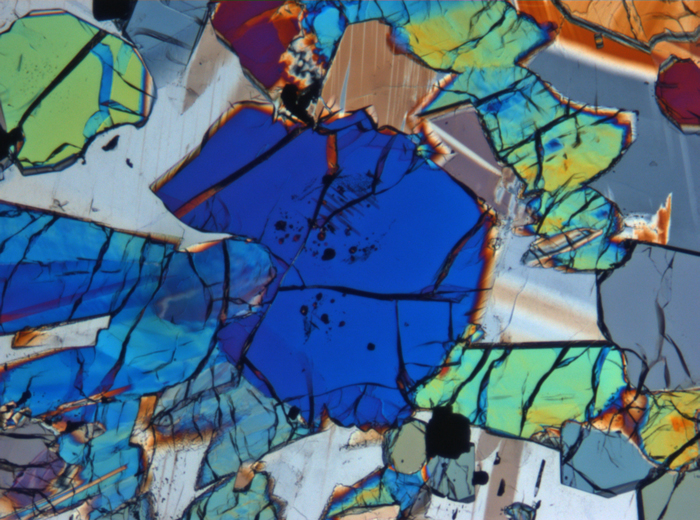 Thin Section Photograph of Apollo 12 Sample 12035,62 in Cross-Polarized Light at 5x Magnification and 1.4 mm Field of View (View #5)