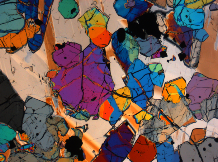 Thin Section Photograph of Apollo 12 Sample 12035,62 in Cross-Polarized Light at 2.5x Magnification and 2.85 mm Field of View (View #11)