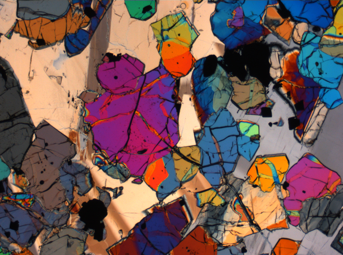 Thin Section Photograph of Apollo 12 Sample 12035,62 in Cross-Polarized Light at 2.5x Magnification and 2.85 mm Field of View (View #14)