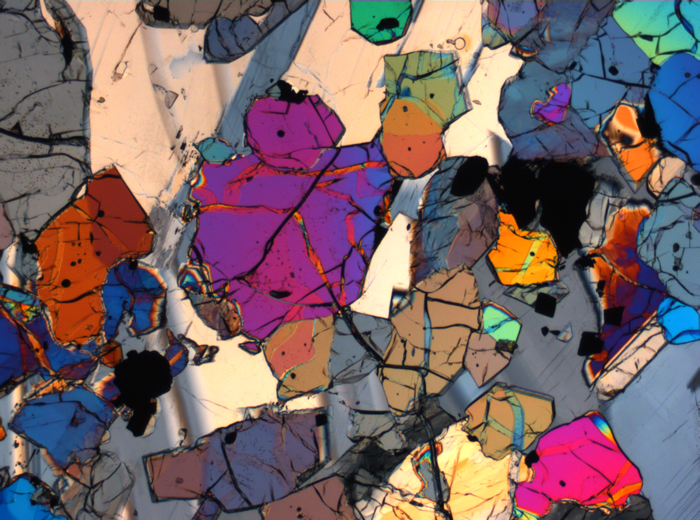 Thin Section Photograph of Apollo 12 Sample 12035,62 in Cross-Polarized Light at 2.5x Magnification and 2.85 mm Field of View (View #18)