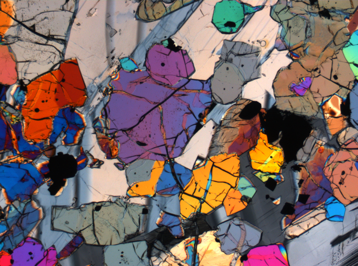 Thin Section Photograph of Apollo 12 Sample 12035,62 in Cross-Polarized Light at 2.5x Magnification and 2.85 mm Field of View (View #21)