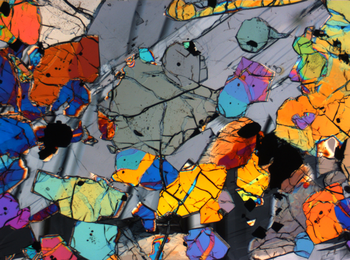 Thin Section Photograph of Apollo 12 Sample 12035,62 in Cross-Polarized Light at 2.5x Magnification and 2.85 mm Field of View (View #24)