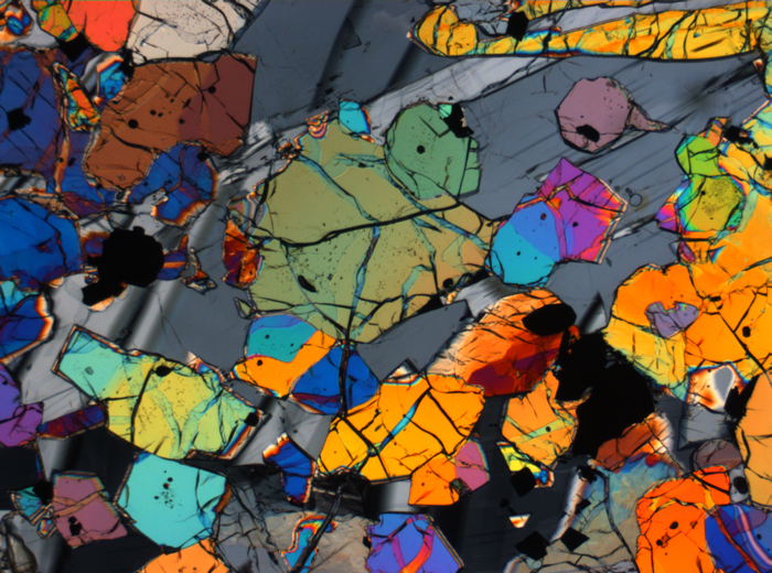 Thin Section Photograph of Apollo 12 Sample 12035,62 in Cross-Polarized Light at 2.5x Magnification and 2.85 mm Field of View (View #26)