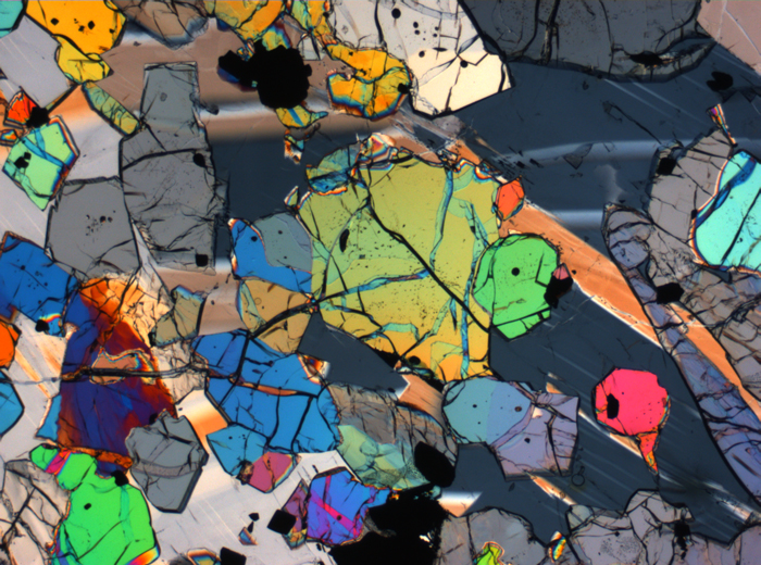 Thin Section Photograph of Apollo 12 Sample 12035,62 in Cross-Polarized Light at 2.5x Magnification and 2.85 mm Field of View (View #38)