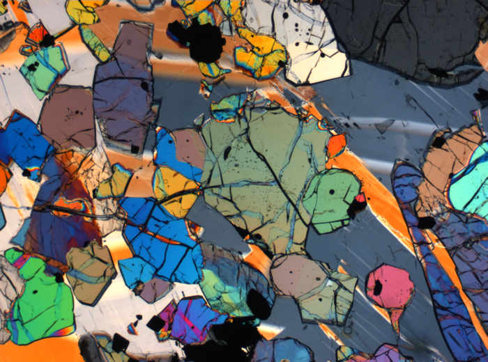 Thin Section Photograph of Apollo 12 Sample 12035,62 in Cross-Polarized Light at 2.5x Magnification and 2.85 mm Field of View (View #40)