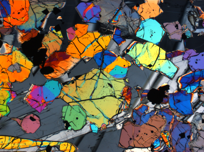 Thin Section Photograph of Apollo 12 Sample 12035,62 in Cross-Polarized Light at 2.5x Magnification and 2.85 mm Field of View (View #63)