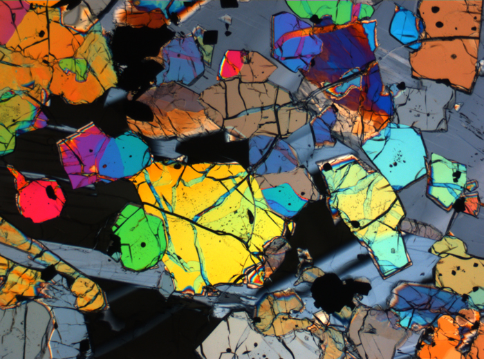 Thin Section Photograph of Apollo 12 Sample 12035,62 in Cross-Polarized Light at 2.5x Magnification and 2.85 mm Field of View (View #69)