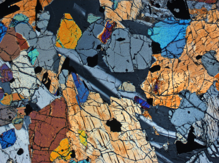 Thin Section Photograph of Apollo 12 Sample 12036,8 in Cross-Polarized Light at 2.5x Magnification and 2.85 mm Field of View (View #1)