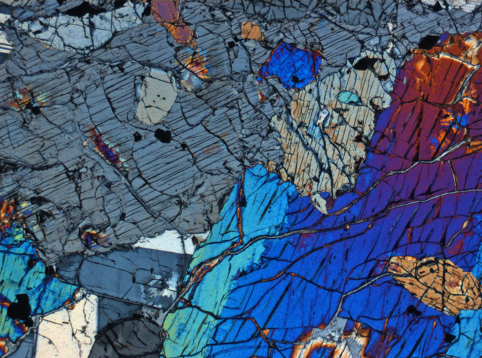 Thin Section Photograph of Apollo 12 Sample 12036,8 in Cross-Polarized Light at 2.5x Magnification and 2.85 mm Field of View (View #3)