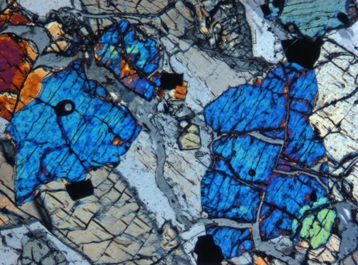 Thin Section Photograph of Apollo 12 Sample 12036,8 in Cross-Polarized Light at 5x Magnification and 1.4 mm Field of View (View #7)