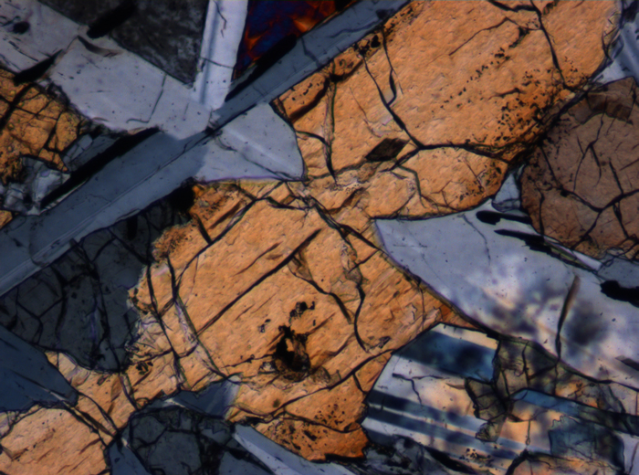 Thin Section Photograph of Apollo 12 Sample 12038,64 in Cross-Polarized Light at 10x Magnification and 0.7 mm Field of View (View #4)