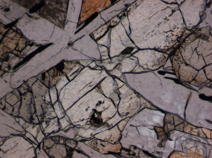 Thin Section Photograph of Apollo 12 Sample 12038,64 in Plane-Polarized Light at 10x Magnification and 0.7 mm Field of View (View #4)