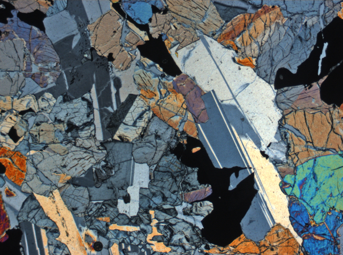 Thin Section Photograph of Apollo 12 Sample 12040,2 in Cross-Polarized Light at 2.5x Magnification and 2.85 mm Field of View (View #1)