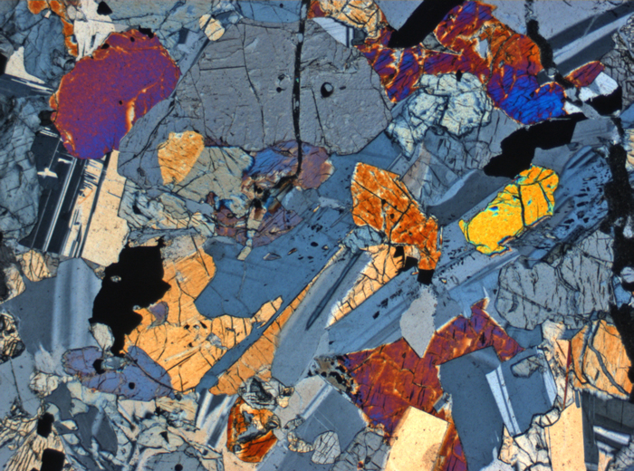 Thin Section Photograph of Apollo 12 Sample 12040,2 in Cross-Polarized Light at 2.5x Magnification and 2.85 mm Field of View (View #3)