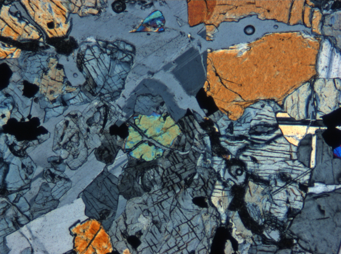 Thin Section Photograph of Apollo 12 Sample 12040,2 in Cross-Polarized Light at 5x Magnification and 1.4 mm Field of View (View #7)