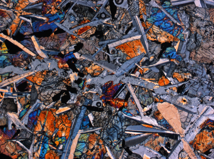 Thin Section Photograph of Apollo 12 Sample 12046,5 in Cross-Polarized Light at 2.5x Magnification and 2.85 mm Field of View (View #1)