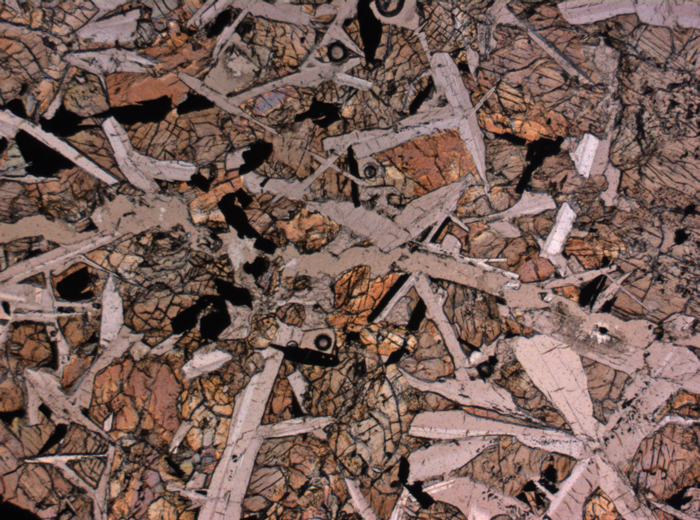 Thin Section Photograph of Apollo 12 Sample 12046,5 in Plane-Polarized Light at 2.5x Magnification and 2.85 mm Field of View (View #1)