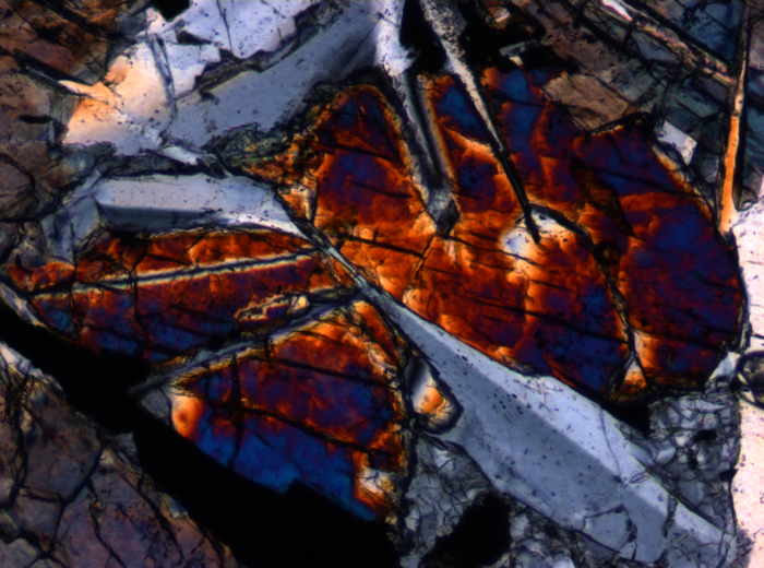 Thin Section Photograph of Apollo 12 Sample 12046,5 in Cross-Polarized Light at 10x Magnification and 0.7 mm Field of View (View #3)