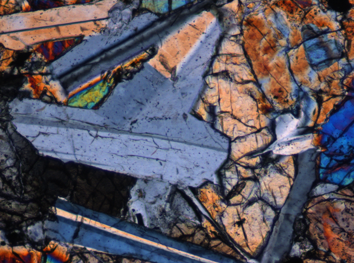 Thin Section Photograph of Apollo 12 Sample 12046,5 in Cross-Polarized Light at 10x Magnification and 0.7 mm Field of View (View #4)