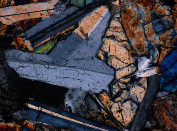 Thin Section Photograph of Apollo 12 Sample 12046,5 in Cross-Polarized Light at 10x Magnification and 0.7 mm Field of View (View #4)
