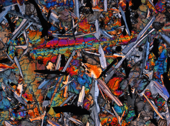 Thin Section Photograph of Apollo 12 Sample 12047,8 in Cross-Polarized Light at 2.5x Magnification and 2.85 mm Field of View (View #1)