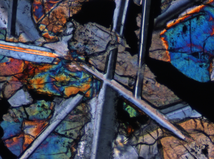 Thin Section Photograph of Apollo 12 Sample 12047,8 in Cross-Polarized Light at 10x Magnification and 0.7 mm Field of View (View #3)