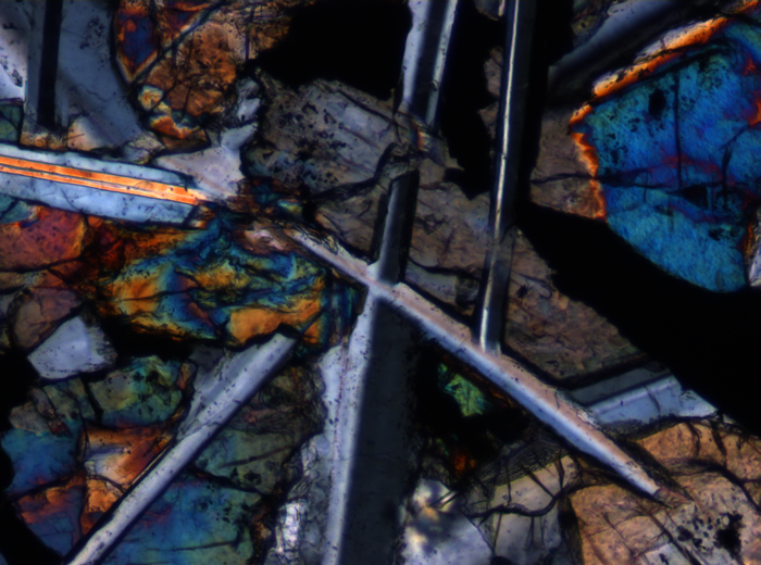 Thin Section Photograph of Apollo 12 Sample 12047,8 in Cross-Polarized Light at 10x Magnification and 0.7 mm Field of View (View #3)