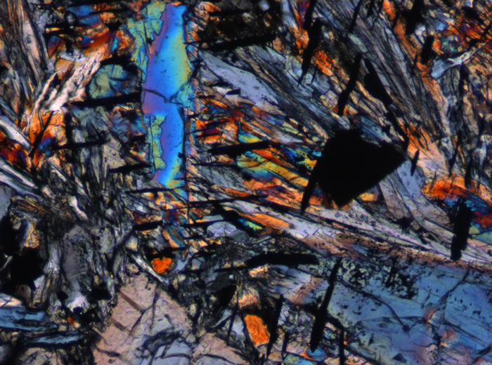 Thin Section Photograph of Apollo 12 Sample 12052,7 in Cross-Polarized Light at 10x Magnification and 0.7 mm Field of View (View #4)