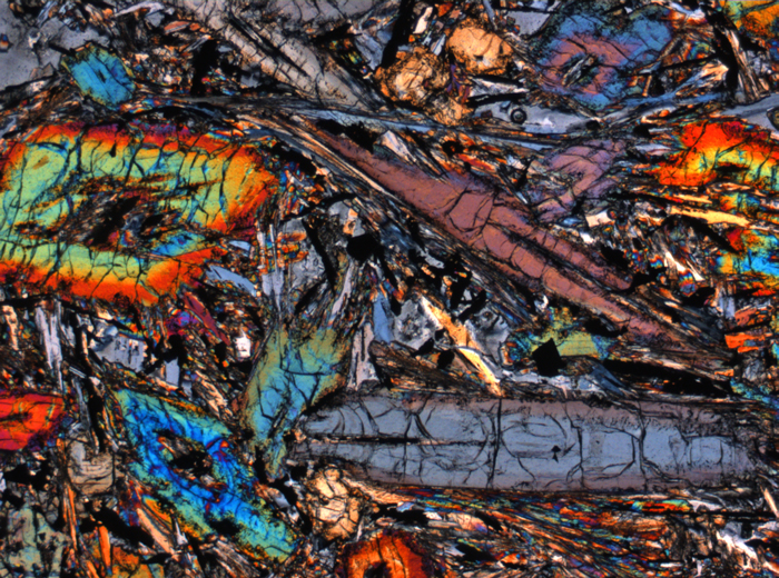 Thin Section Photograph of Apollo 12 Sample 12053,85 in Cross-Polarized Light at 2.5x Magnification and 2.85 mm Field of View (View #1)