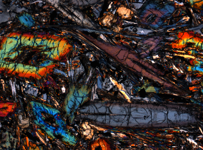 Thin Section Photograph of Apollo 12 Sample 12053,85 in Cross-Polarized Light at 2.5x Magnification and 2.85 mm Field of View (View #1)