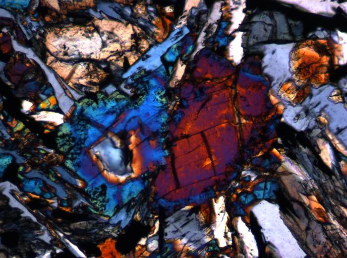 Thin Section Photograph of Apollo 12 Sample 12053,85 in Cross-Polarized Light at 10x Magnification and 0.7 mm Field of View (View #4)