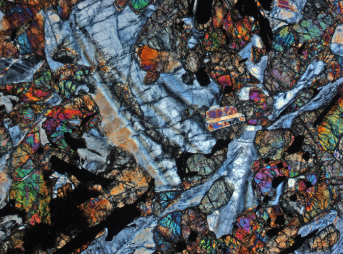 Thin Section Photograph of Apollo 12 Sample 12054,78 in Cross-Polarized Light at 2.5x Magnification and 2.85 mm Field of View (View #2)