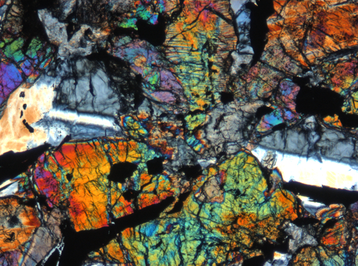 Thin Section Photograph of Apollo 12 Sample 12054,78 in Cross-Polarized Light at 5x Magnification and 1.4 mm Field of View (View #3)