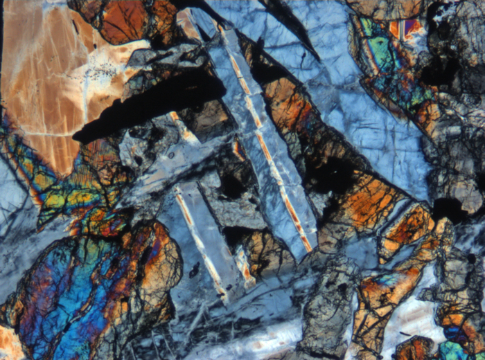 Thin Section Photograph of Apollo 12 Sample 12054,78 in Cross-Polarized Light at 5x Magnification and 1.4 mm Field of View (View #4)