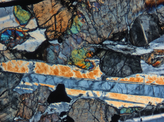 Thin Section Photograph of Apollo 12 Sample 12054,78 in Cross-Polarized Light at 5x Magnification and 1.4 mm Field of View (View #5)