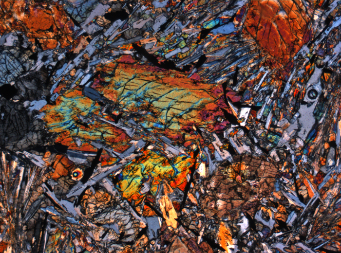 Thin Section Photograph of Apollo 12 Sample 12055,7 in Cross-Polarized Light at 2.5x Magnification and 2.85 mm Field of View (View #3)